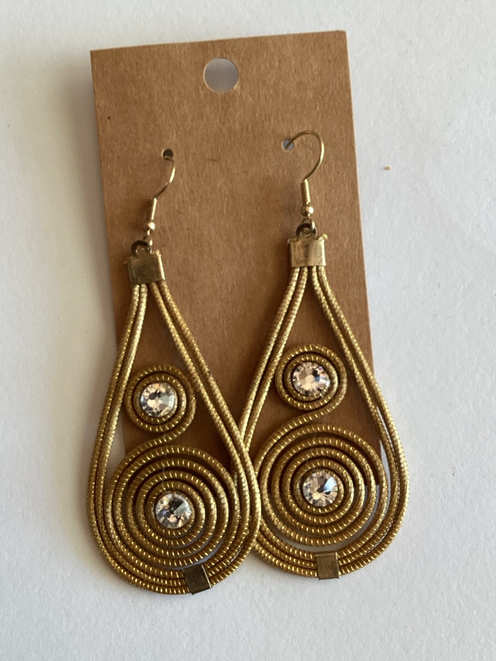 Plunder Gold Spiral Teardrop Earrings with Clear Crystals